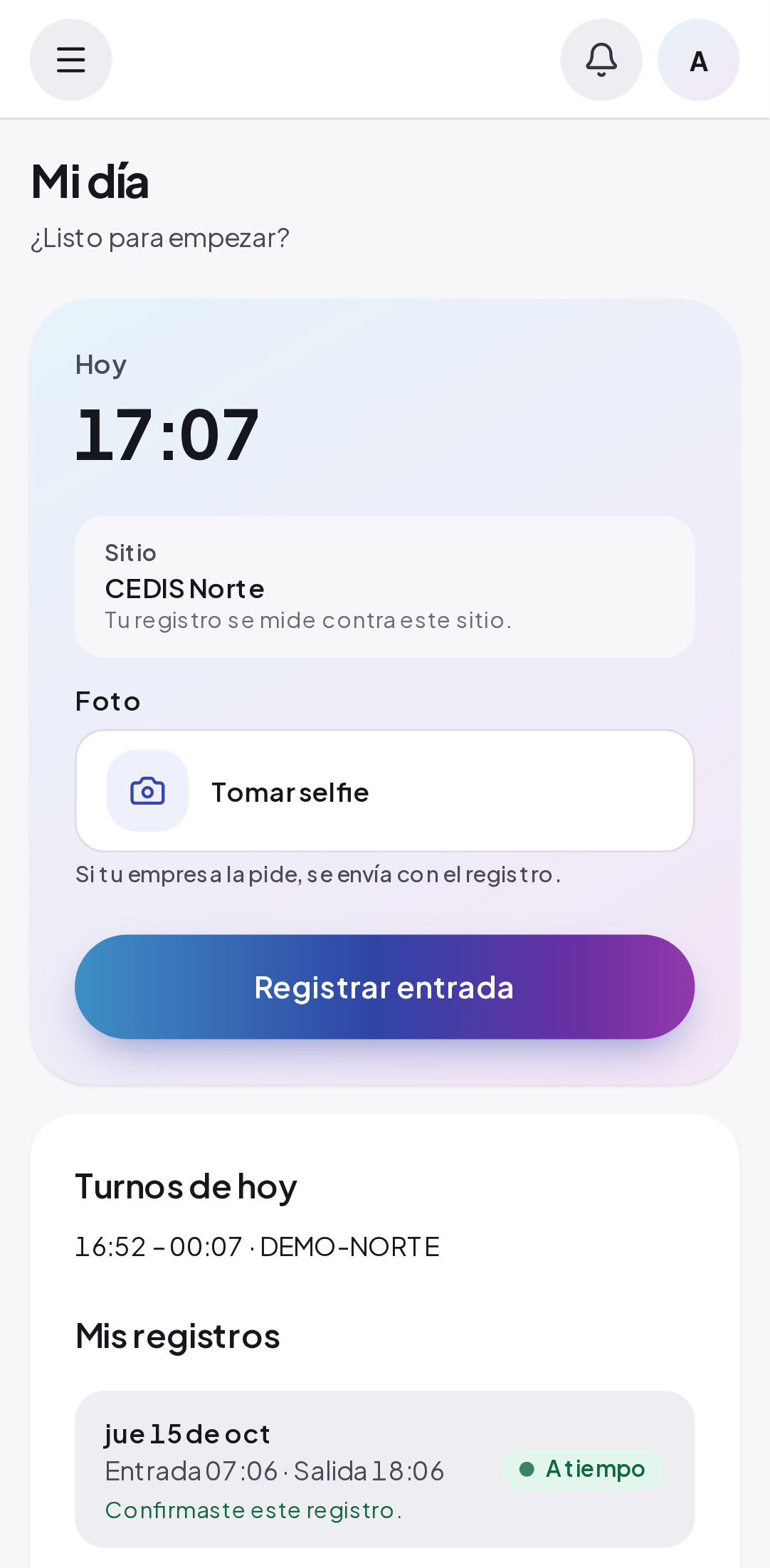 Vista Jornada en el navegador del celular: Mi día, con el sitio y el botón para registrar la entrada